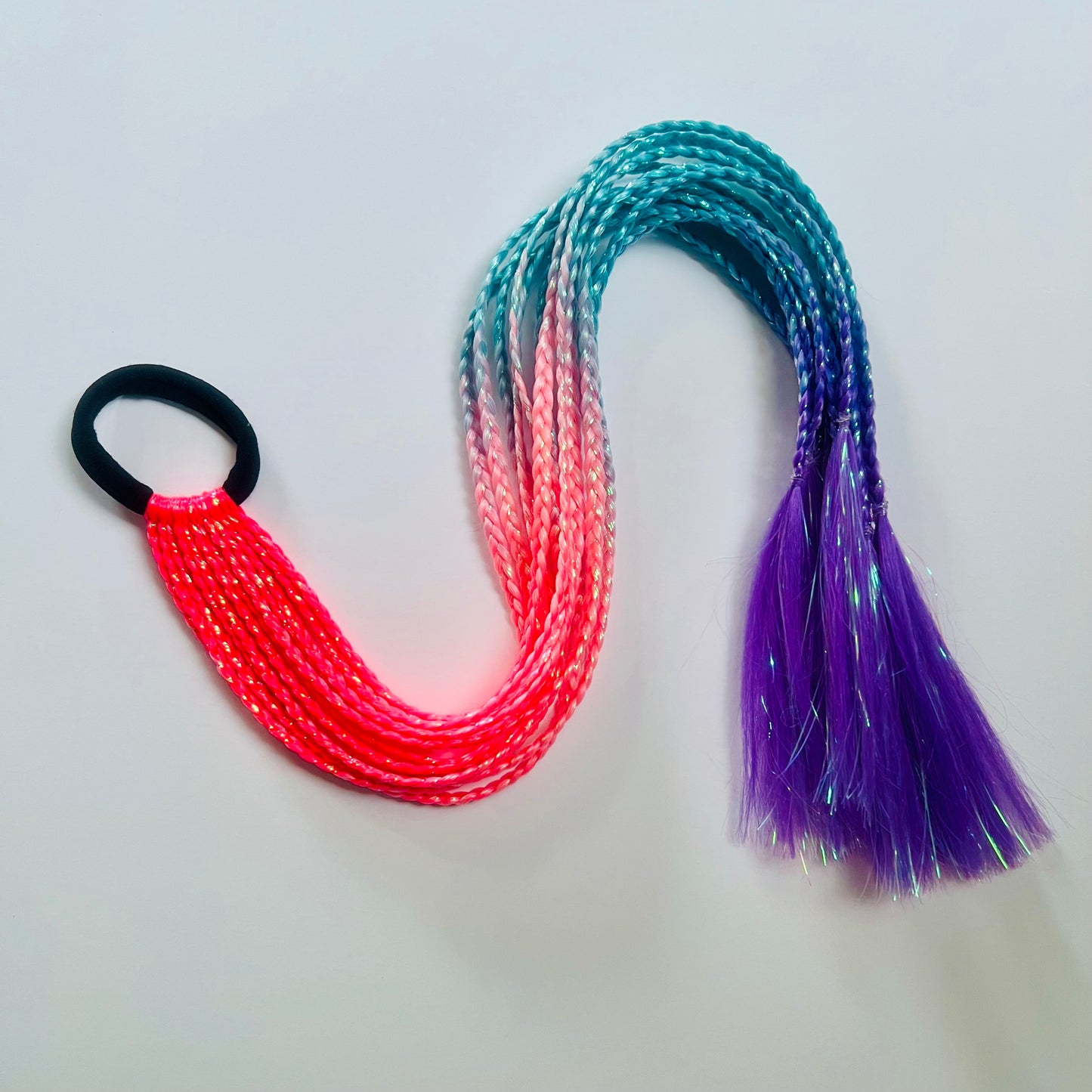 Braided Mala | Pink Ombre, Turquoise & Purple Tinsel Hair